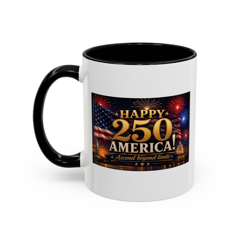 Happy 250 America Accent Coffee Mug — Patriotic Fireworks & Flag 11/15oz