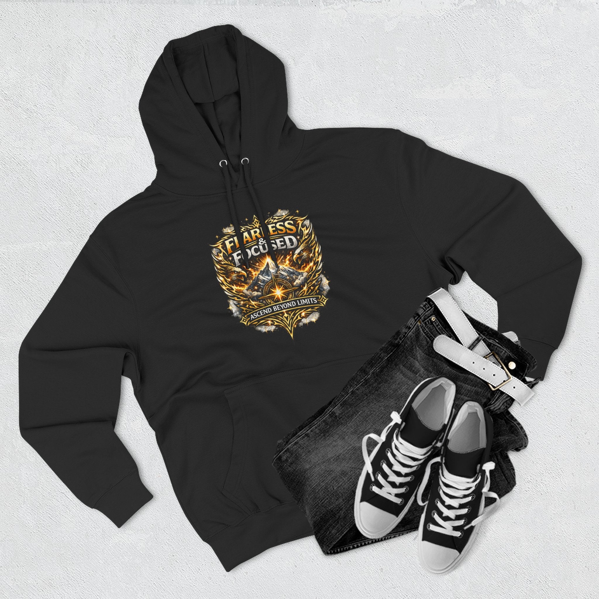 Fearless & Focused Shield Hoodie — Motivational Graphic Pullover