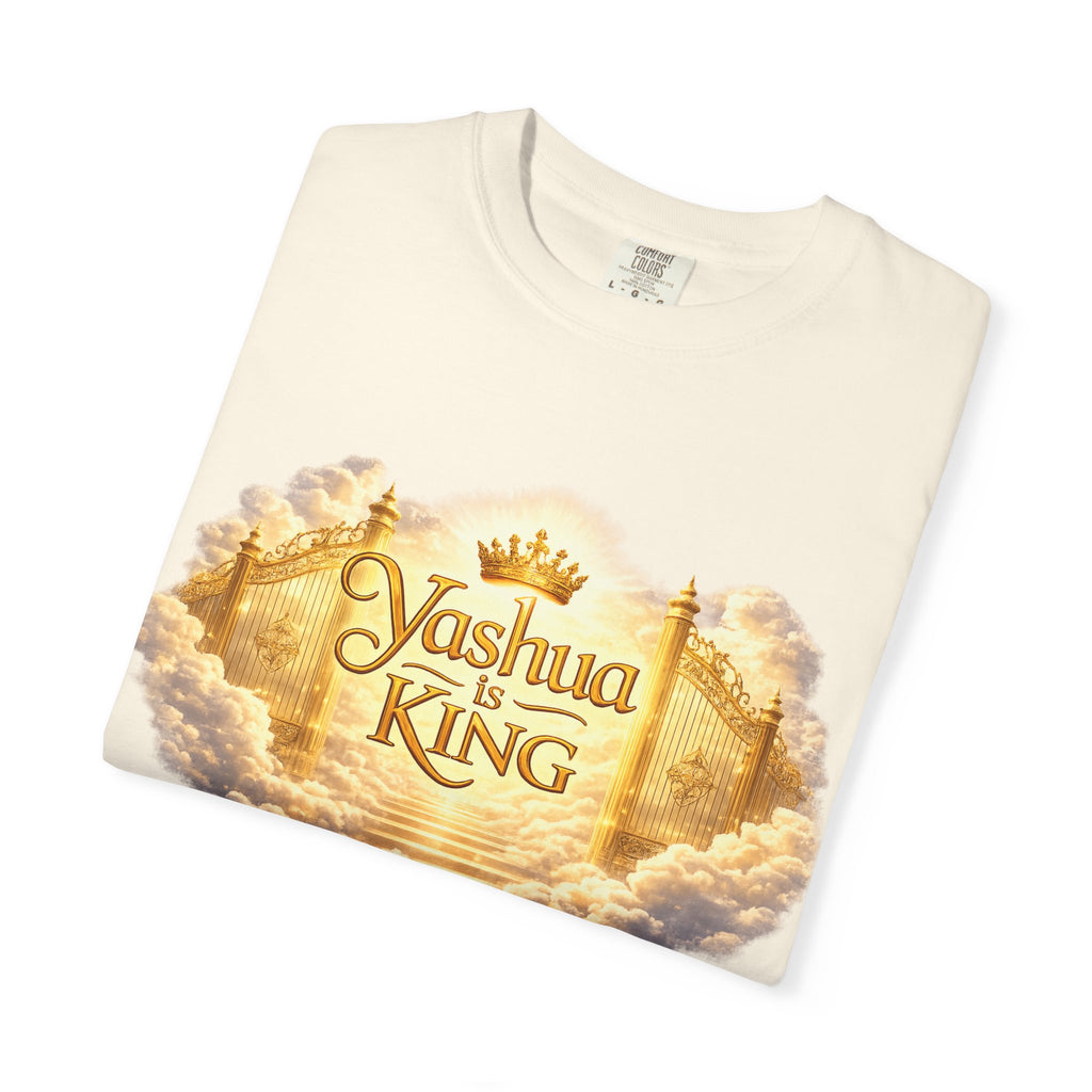 Yashua Is King T‑Shirt — Heavenly Gold Faith Tee (Back: "Ascend beyond limits")
