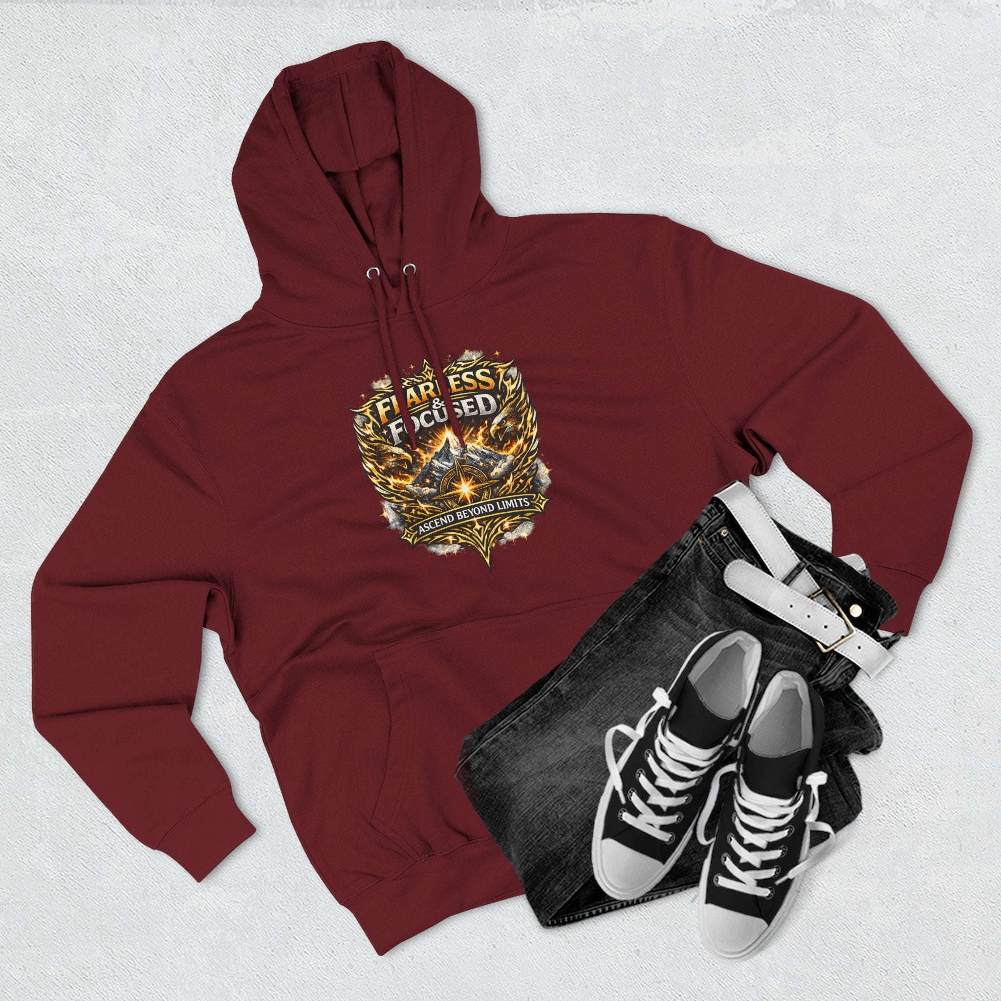 Fearless & Focused Shield Hoodie — Motivational Graphic Pullover