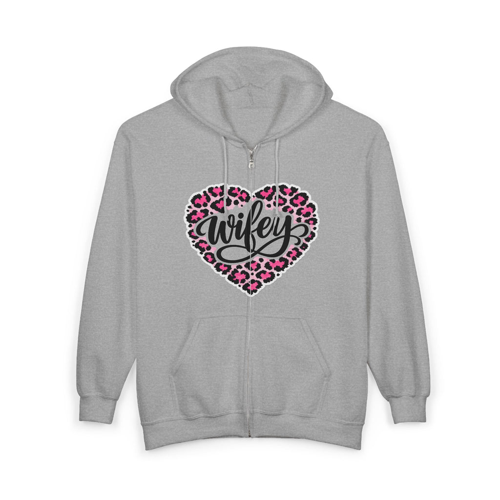 Wifey Leopard Heart Zip Hoodie — Pink Animal Print "Wifey" Full-Zip Sweatshirt