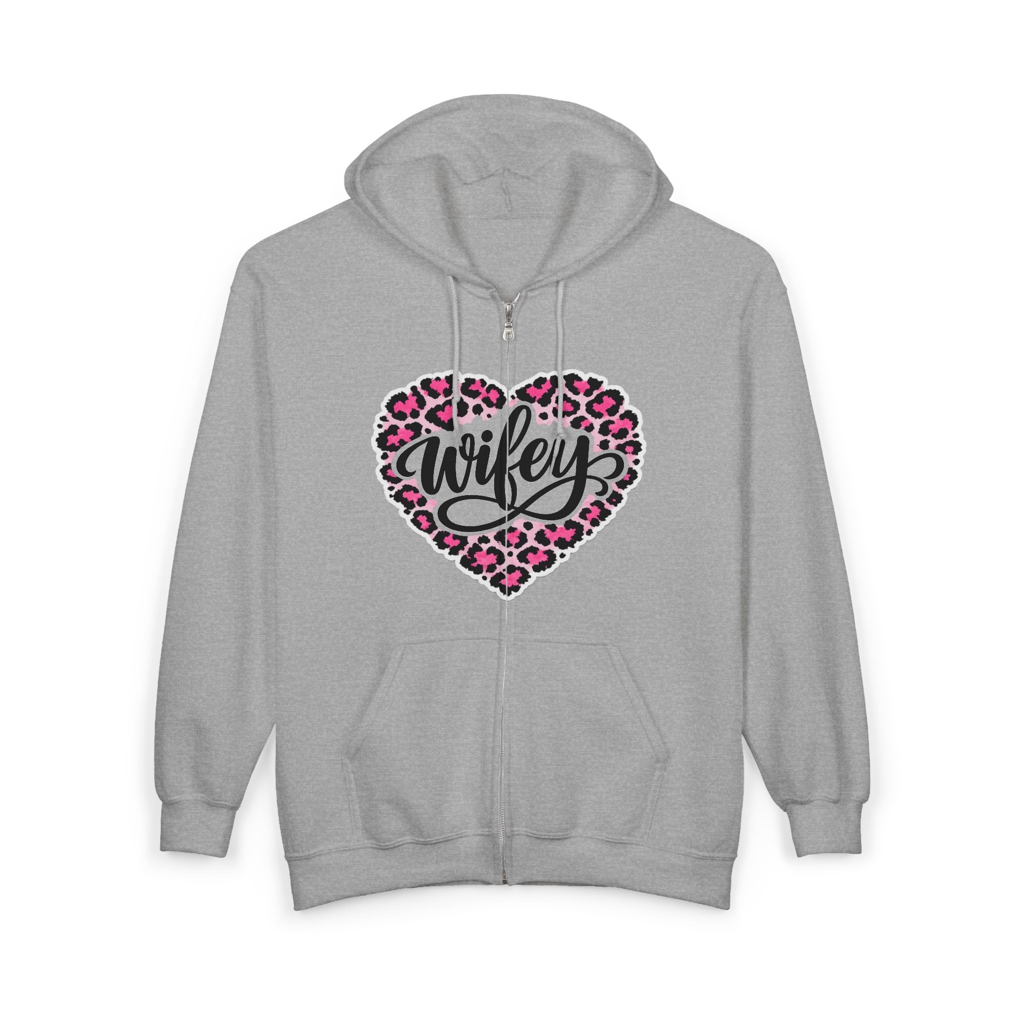 Wifey Leopard Heart Zip Hoodie — Pink Animal Print "Wifey" Full-Zip Sweatshirt