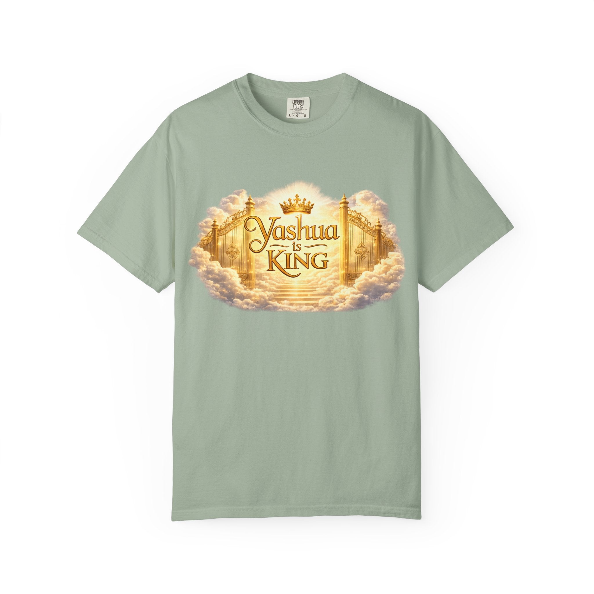Yashua Is King T‑Shirt — Heavenly Gold Faith Tee (Back: "Ascend beyond limits")