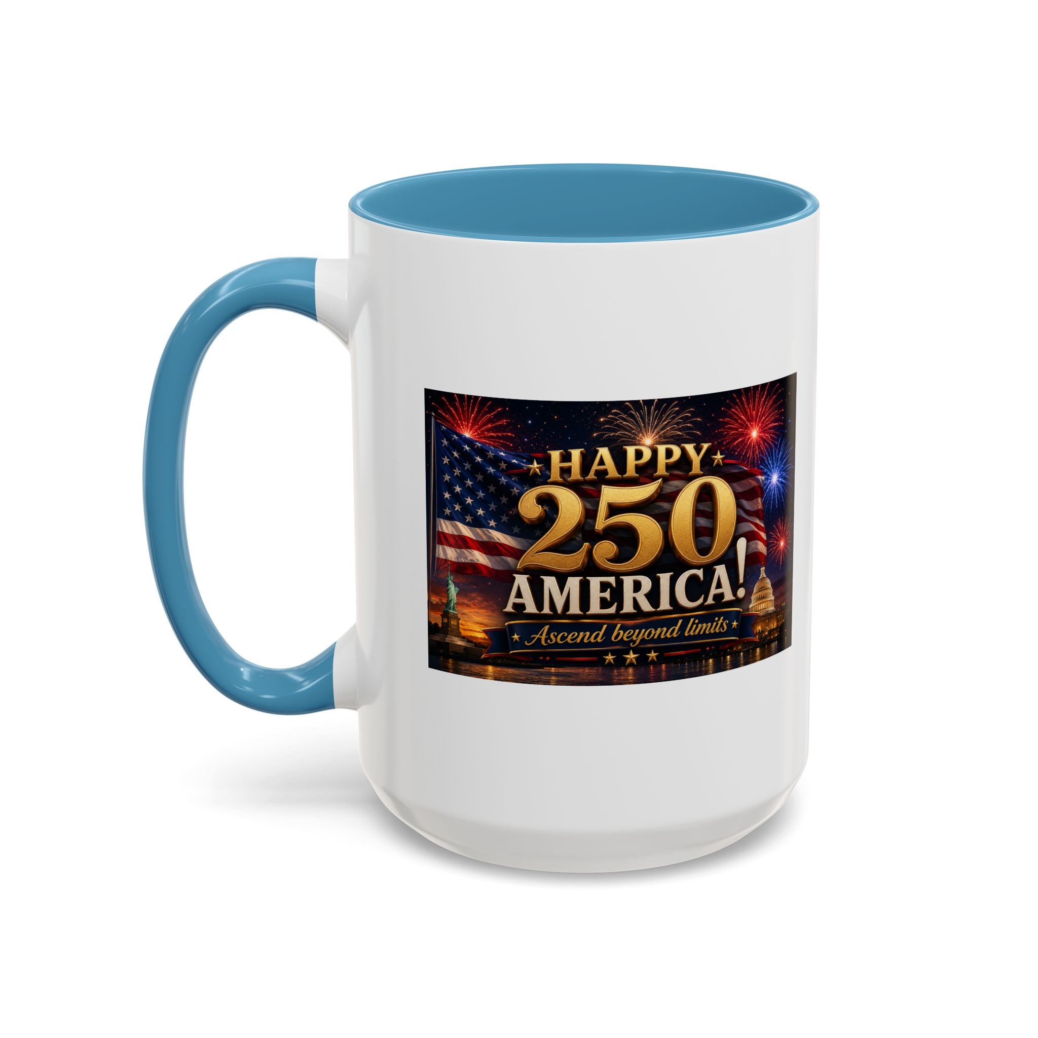 Happy 250 America Accent Coffee Mug — Patriotic Fireworks & Flag 11/15oz