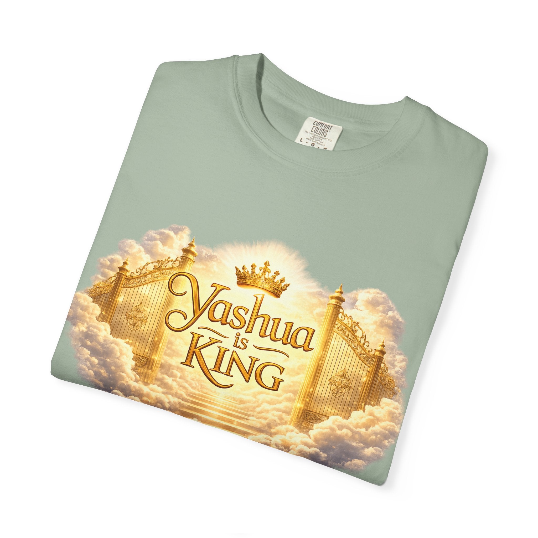 Yashua Is King T‑Shirt — Heavenly Gold Faith Tee (Back: "Ascend beyond limits")