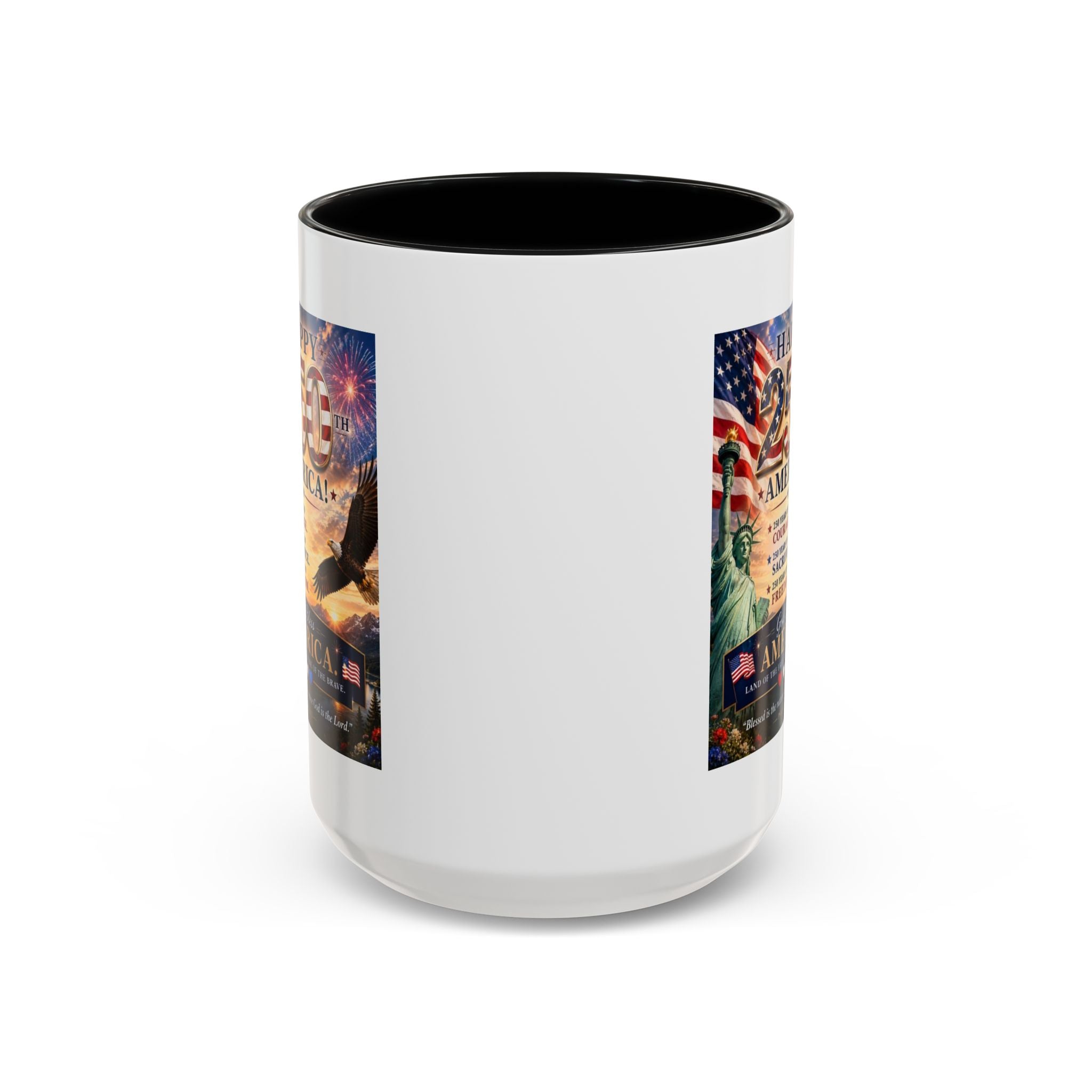 Happy 250th America Coffee Mug — Patriotic Statue of Liberty & Eagle 4th of July Gift