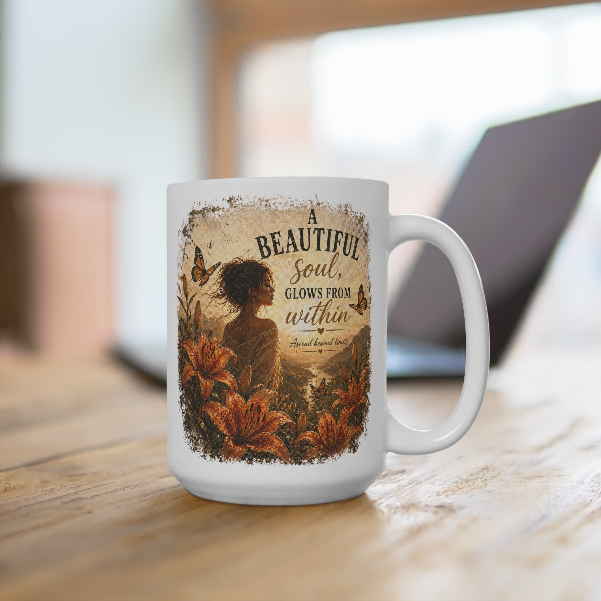 Inspirational 15oz Mug — "A Beautiful Soul Glows From Within" Floral Design