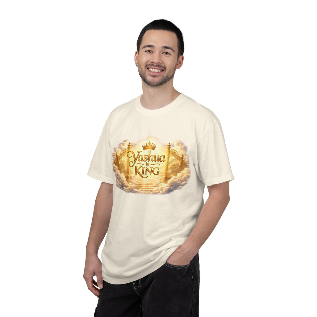 Yashua Is King T‑Shirt — Heavenly Gold Faith Tee (Back: "Ascend beyond limits")
